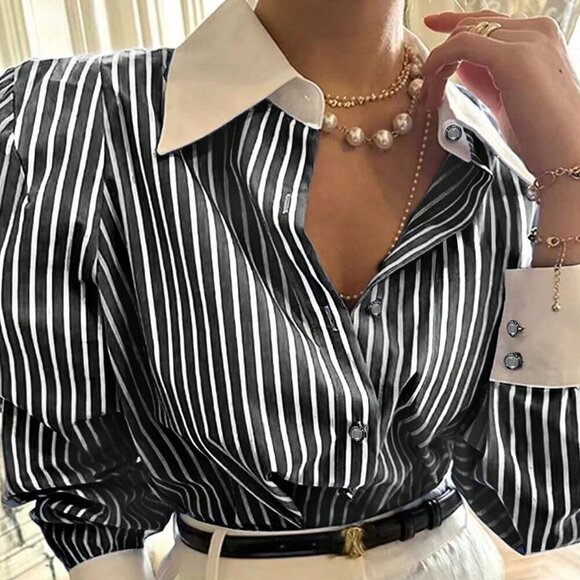 Black Casual Women's Button Down Long Sleeve Loose Fit Striped Blouse - Picture 2 of 4